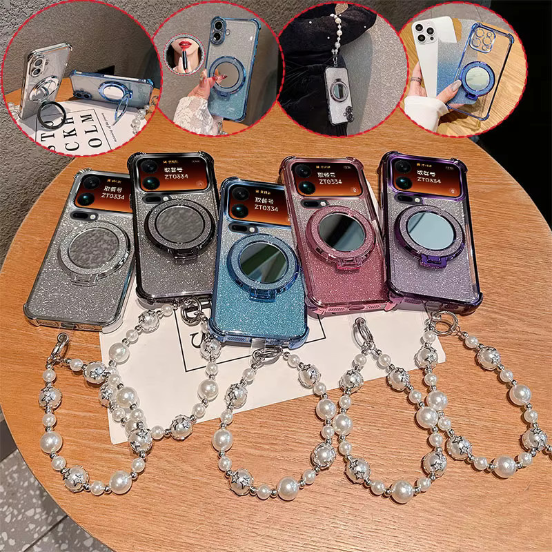 Bling Glitzer Handyhülle für Xiaomi Mi 17 Pro und Mi 17 Pro Max in Pink mit Spiegel, Ständer, Perlenkette und stoßfestem Schutz - Bild 2