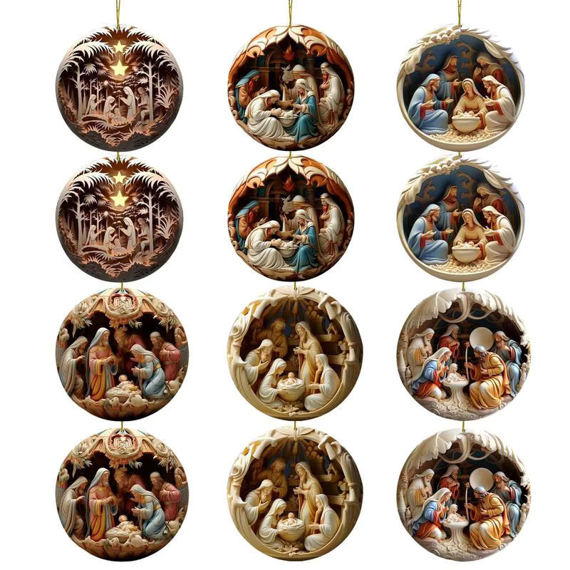12er Set Jesus Krippe Holz Anhänger für den Weihnachtsbaum, mehrfarbige christliche Hängeornamente zur Geburt Jesu - Bild 5