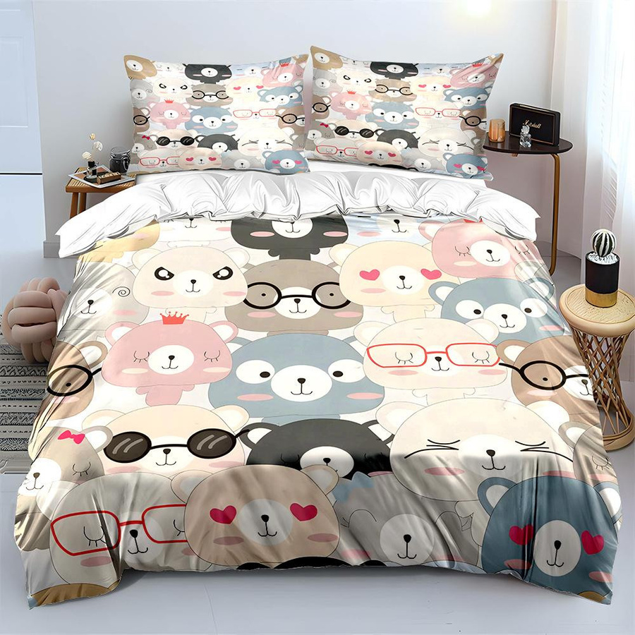 3-teiliges Bettwäsche-Set mit Cartoon-Bärenmuster von Flylo in Multicolor, weiches Bettdecken-Set mit Reißverschluss für Kinder, B/H: 135 x 200 cm - Bild 3