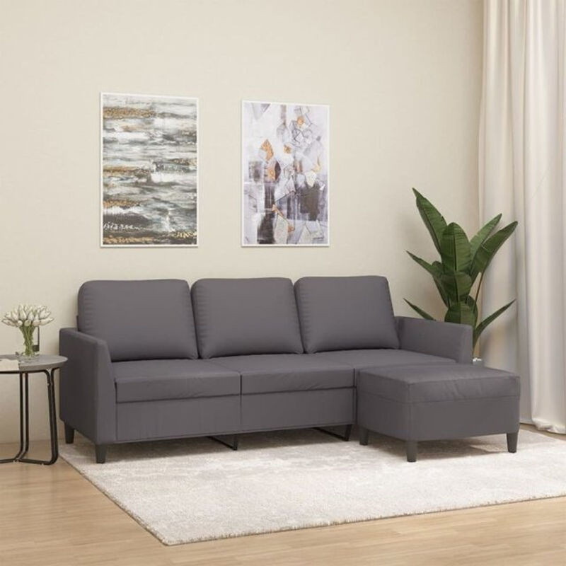 Modernes 3-Sitzer-Sofa mit Hocker von vidaxl in Grau aus Kunstleder und Metall - Bild 1