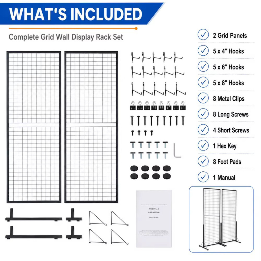 2er-Pack doppelseitiger Drahtgitter-Präsentationsturm aus Metall in Schwarz mit T-Basis, Clips und Haken für Marktstände und Messen - Bild 2