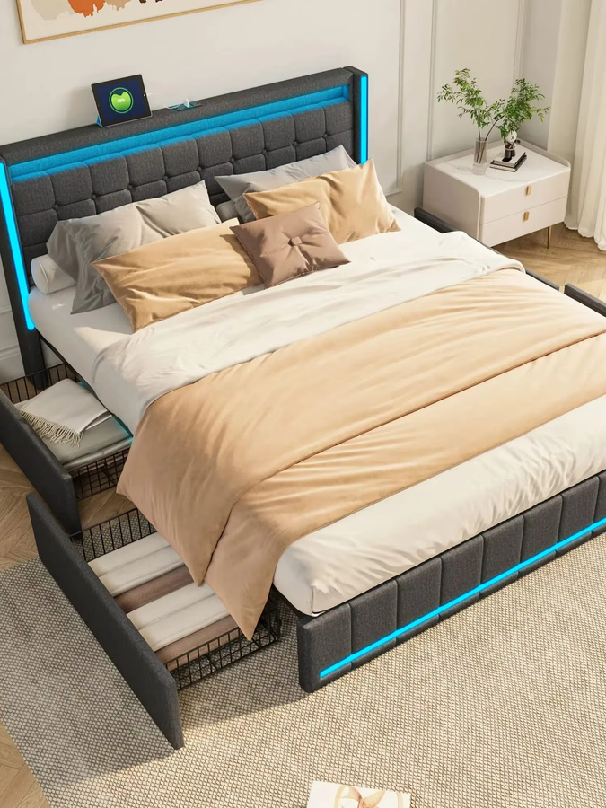 Rosahqnda Modernes Doppelbett mit Schubladen, LED-Beleuchtung und USB-Anschluss, Massivmetall und Leinen, Dunkelgrau, 160 x 200 cm - Bild 6