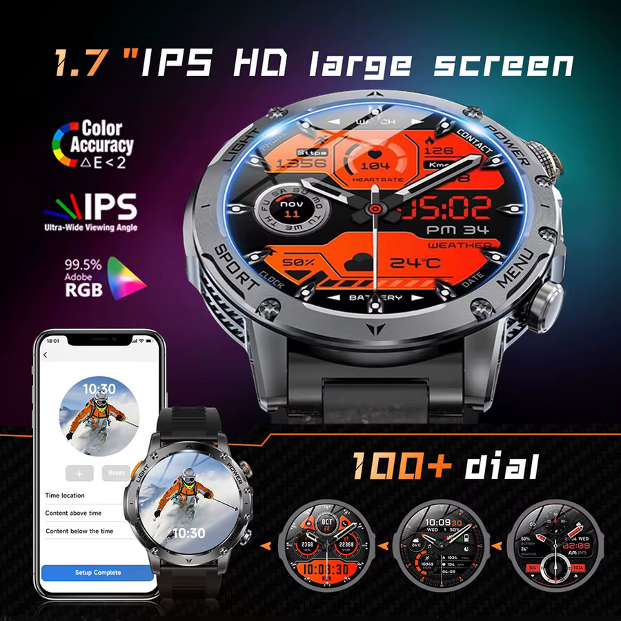 GUHUAVMI Smartwatch für Herren in Schwarz mit 1,7 Zoll AMOLED-Bildschirm, Bluetooth-Anruf, Herzfrequenzmessung und wasserdichtem Outdoor-Militär-Design mit 1000mAh Akku - Bild 4