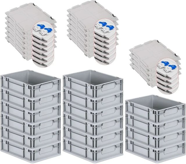PROREGAL Spar Set 16x Eurobox Nextgen Economy mit Scharnierdeckel und blauen Schiebeschnappverschlüssen, Farbe: Blau/Grau, H x B x T: 12 x 30 x 40 cm, 11 Liter - Bild 1