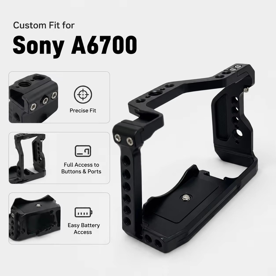 SOARSHOT Kamerakäfig für Sony A6700 aus CNC Aluminiumlegierung in Schwarz mit Cold Shoe und Befestigungslöchern für Videoaufnahmen - Bild 2