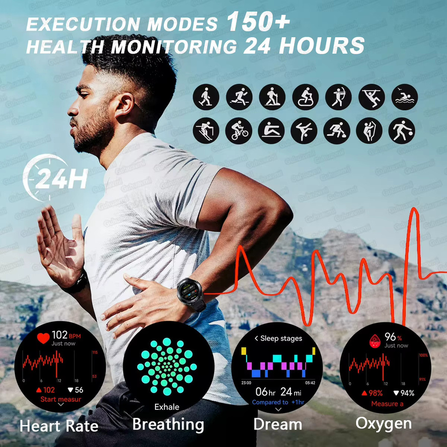 GUHUAVMI GPS Smartwatch für Android mit AMOLED HD Display, Bluetooth Anruffunktion, Kompass und 150 Sportmodi, IP69 wasserdicht, Farbe: Schwarz/Silber - Bild 2