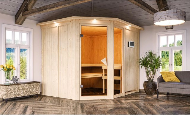 Karibu Sauna Freyja 3 mit BioKombiofen 9.0 kW, LED-Dachkranz und externem Steuergerät, Natur/Braun/Beige, B/T/H: 231 x 196 x 245 cm - Bild 2