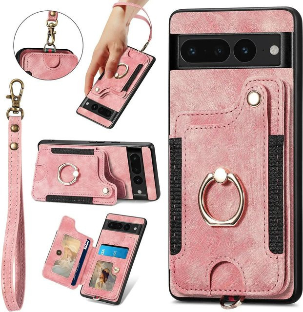 Flip Leder Brieftasche und Handyhülle für Google Pixel 7 Pro mit Kartenhalter, Handschlaufe und Kickstand in Rosa - Bild 1
