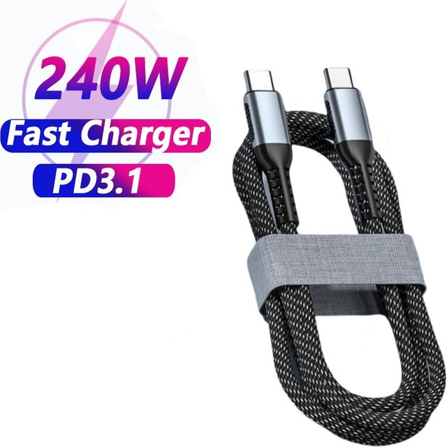 USB C auf USB C Schnellladekabel PD 3.1 mit 240W für MacBook und Samsung S22, Schwarz - Bild 1