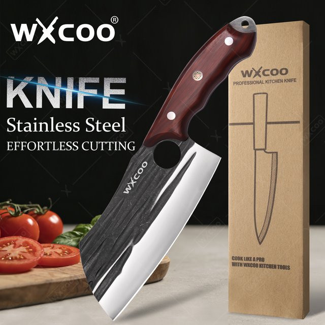 WXCOO Geschmiedetes Fleischbeil aus Edelstahl in Silber mit Holzgriff als Allzweck-Küchenmesser zum Schneiden und Kochen - Bild 1
