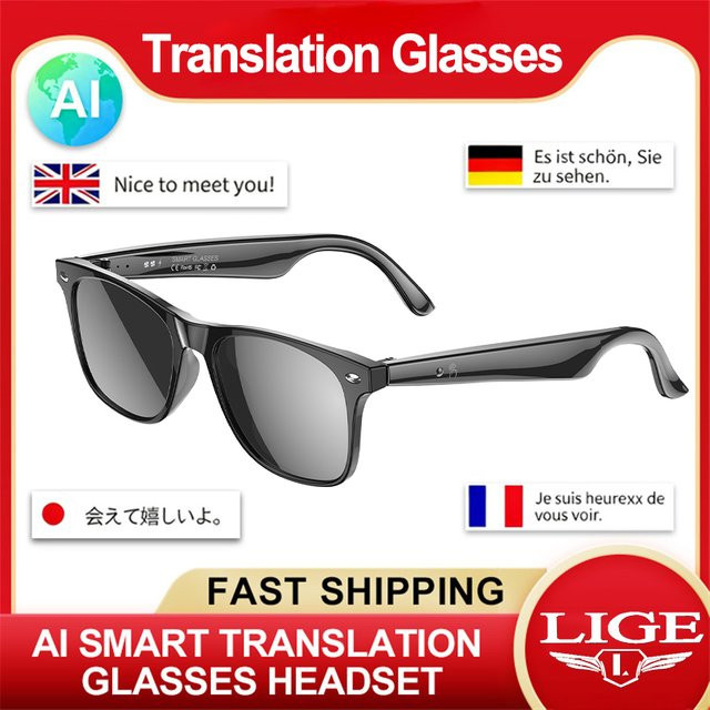 LIGE Smartbrille mit KI-Übersetzung, Bluetooth-Kopfhörer für Anrufe und Musik, Sonnenbrille mit UV-Schutz, Farbe: Schwarz - Bild 1