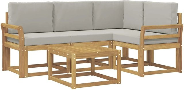 vidaXL Outdoor-Sofagarnitur 5-teilig in L-Form aus Akazienholz mit Polstern, Weiß-Hellgrau, B/T/H: 59 x 59 x 37 cm - Bild 1