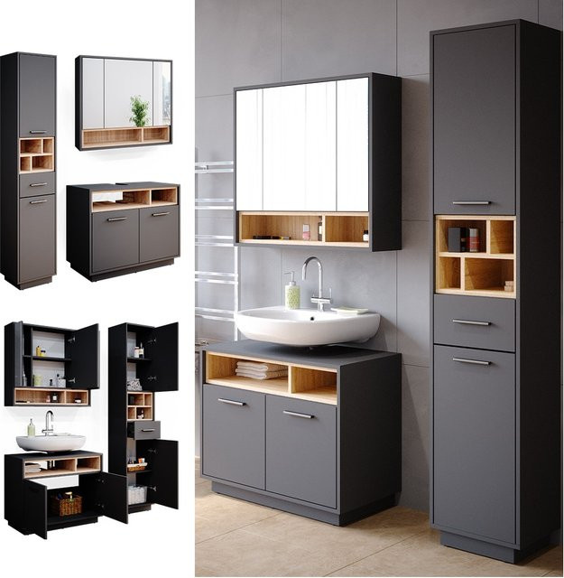 Vicco Badmöbel Set Beatrice in Anthrazit mit Spiegelschrank, Waschtischunterschrank und Hochschrank - Bild 1