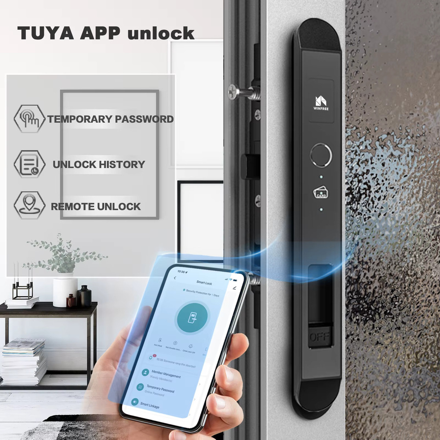 WINFREE SMART Smart Lock für Schiebetüren mit Aluminiumprofil, Fingerabdruck, Keyless Smart Card und Tuya Bluetooth Unterstützung in Silber oder Schwarz - Bild 2