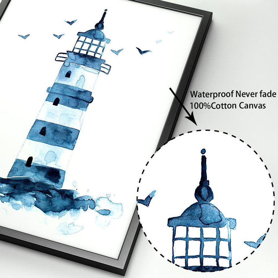 Marineblaues Leinwandgemälde mit Leuchtturm, Anker, Hai, Krabbe und Oktopus als Küstenwandkunst, B/H: 21 x 30 cm - Bild 1
