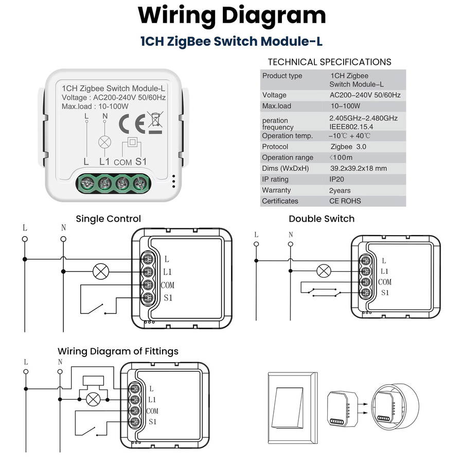 GIRIER Tuya ZigBee 3.0 Schaltmodul Universal Breaker Relay in Weiß ohne Neutralleiter mit 2-Wege-Steuerung und Alexa-Unterstützung - Bild 2