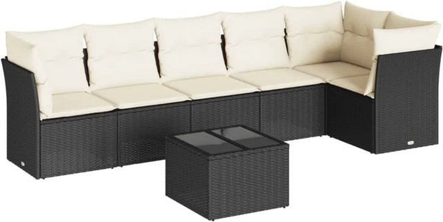 vidaXL 7-tlg Garten-Sofagarnitur aus Polyrattan in Schwarz mit cremeweißen Kissen und Gartentisch in L-Form - Bild 1
