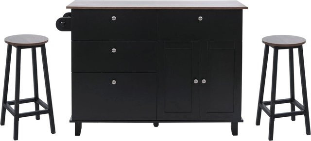 Kücheninsel MCW-P62 mit 2 Sitzhockern und Staufächern in Schwarz und Dunkelbraun, H x B x T: 90 x 131 x 47 cm - Bild 1