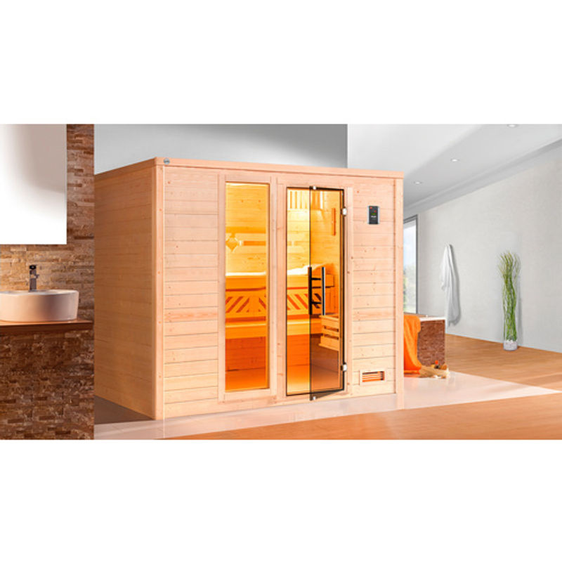 WEKA Massivholzsauna Bergen 3 für 8 Personen in Braun inklusive 9 kW Ofen mit integrierter Steuerung und Sparset mit Glastür und Fenster - Bild 2
