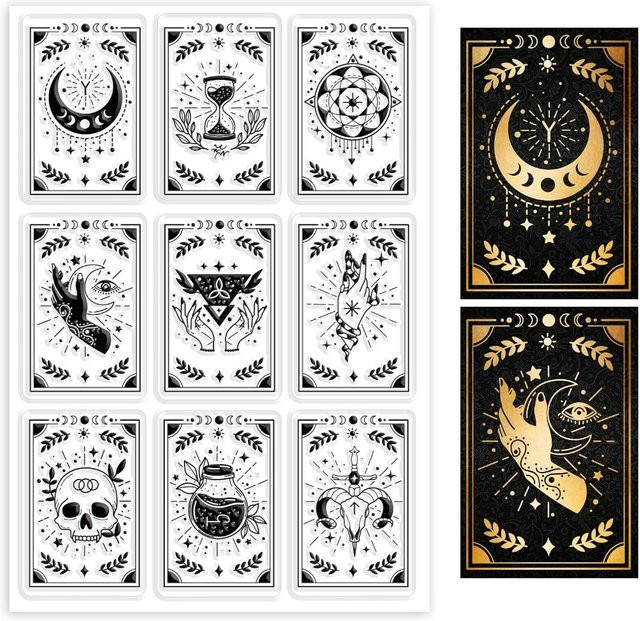 Transparenter Magischer Kartenstempel aus PVC mit Hexen-Motiven wie Gothic-Ziegenhorn, Trank, Mond, Augen, Totenkopf und Sanduhr für deine DIY-Projekte - Bild 1