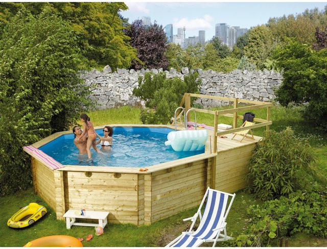 Karibu Massivholzpool Modell 2 Achteck aus Fichte in Blau/Grau mit Poolfolie und Einhängeleiter, B/T/H: 470 x 470 x 111 cm - Bild 1