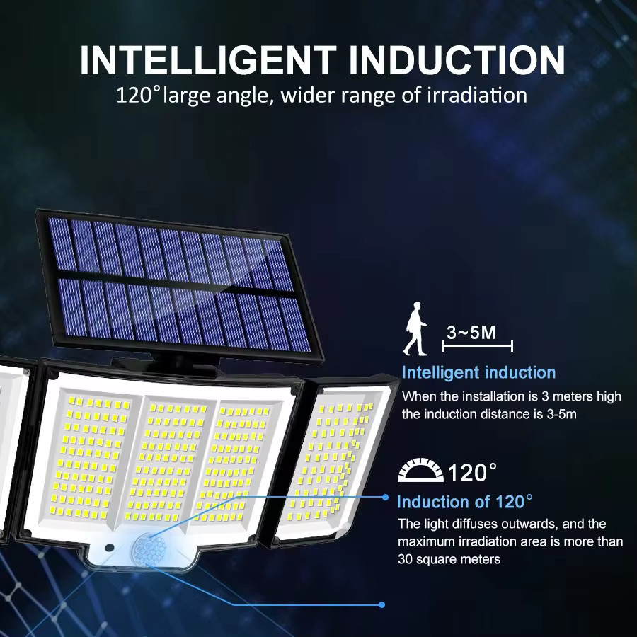 Solar-Außenleuchten mit 348 LED und Bewegungssensor, IP65 wasserdicht, weiße Sicherheitsleuchten mit Fernbedienung und 2400mAh Akku, verstellbare 3-Kopf-Flutlichtleuchten für den Garten - Bild 6