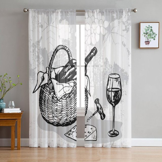 Transparentes Voile Organza Tüll Gardinen mit Wein- und Käsemotiv von Super Six, Breite: 135 cm, Höhe: 160 cm - Bild 1