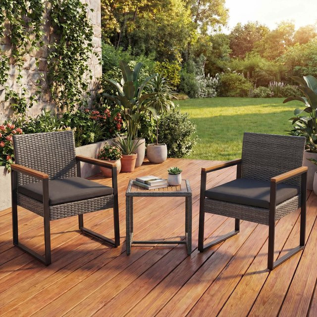 MCW Poly-Rattan Lounge-Set Garten Garnitur P74 mit Tisch und 2 Stühlen aus Akazienholz in Grau - Bild 1