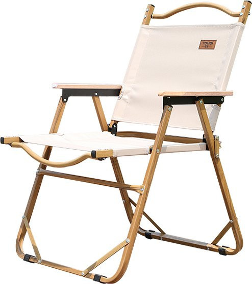 YOUQI Faltbarer Gartenstuhl für Picknick und Camping mit Rückenlehne, Aluminiumrahmen und Holzoptik, Beige - Bild 1