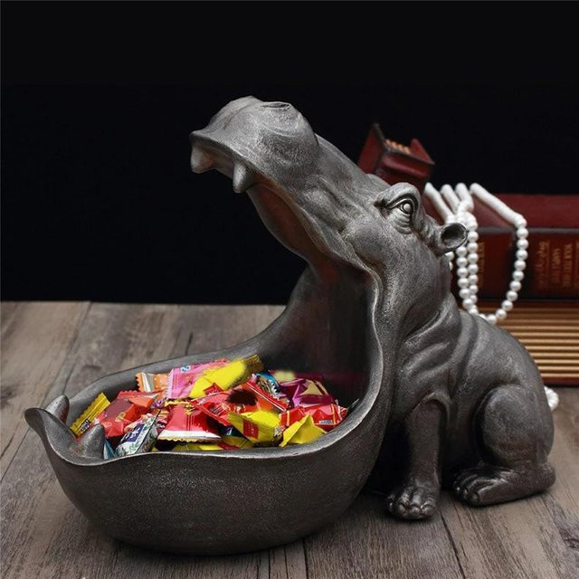 Yiran Furniture Nilpferd Figur Desktop Aufbewahrungsbox als Schlüssel Schale und Süßigkeiten Behälter in Grau - Bild 1