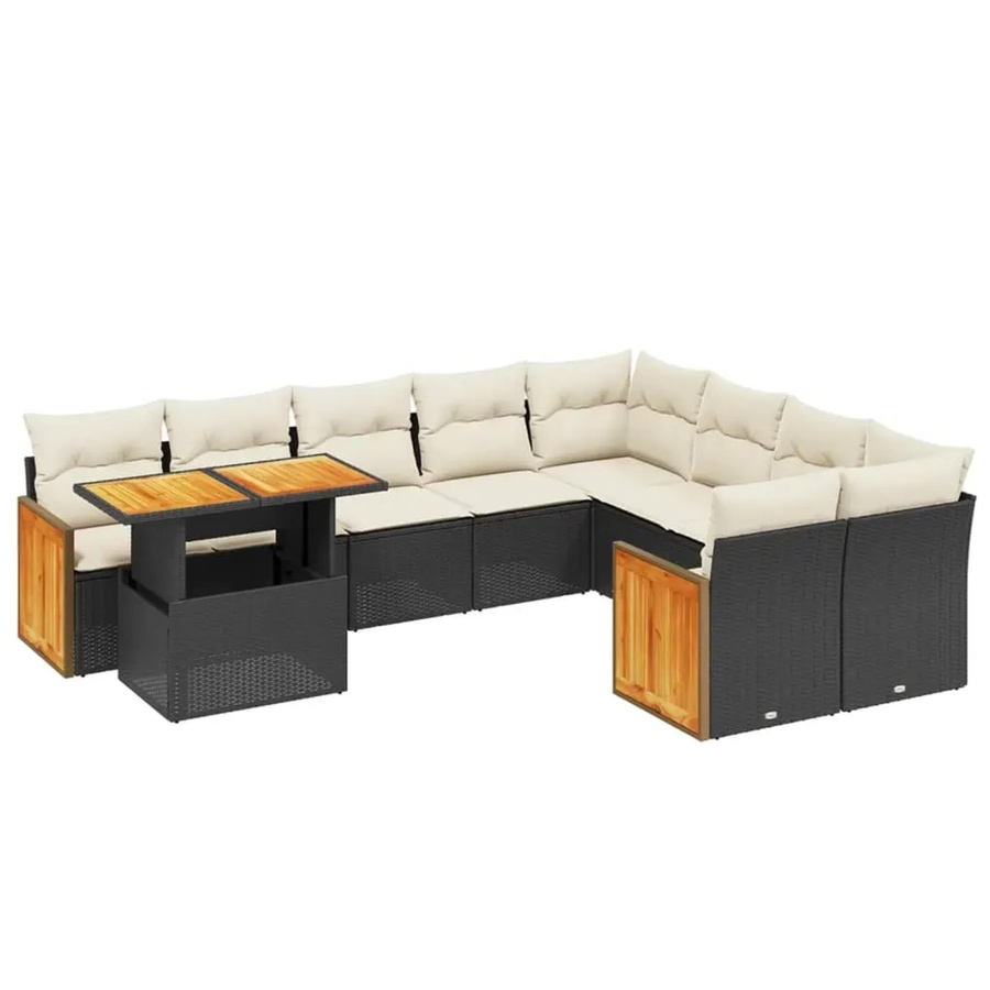 vidaXL 10-tlg. Garten-Sofagarnitur in U-Form aus Polyrattan und Akazienholz mit Kissen, Schwarz - Bild 2