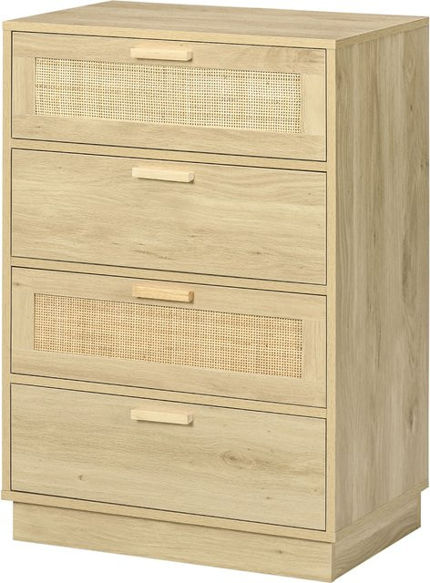 HOMCOM Kommode im Boheme-Stil mit 4 Schubladen und Rattan-Design, Naturholz, B/T/H: 60 x 38 x 88,5 cm - Bild 1