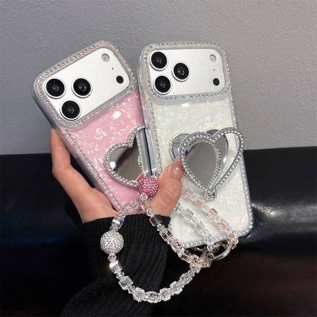 Handyhülle mit Herz-Spiegel und Diamant-Bling sowie Handgelenkschlaufe für iPhone Modelle in Weiß oder Pink - Bild 1