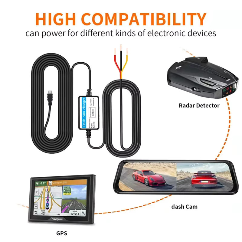 WDSZKMYF Hardwire Kit für Dash Cam DVR mit 3,5 m Kabel, 2,5 A Step-Down Line, kompatibel mit Mini, Micro und Typ-C USB, Schwarz - Bild 2