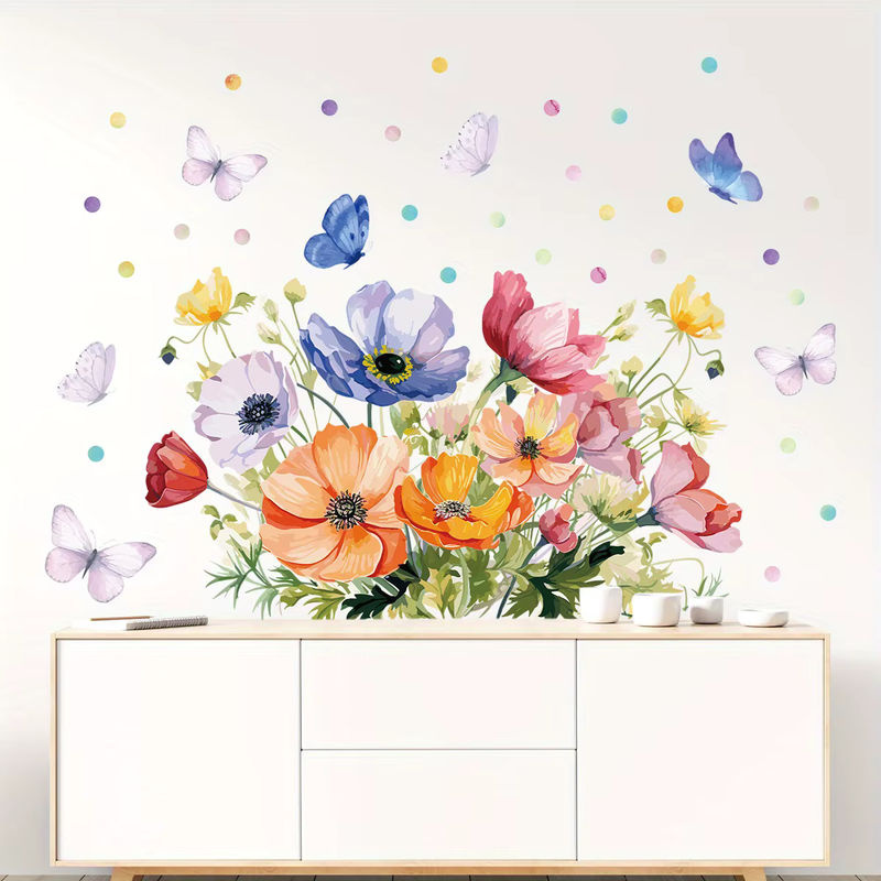 BRUP Wandaufkleber mit Aquarell-Blumen und Schmetterlingen für Kinderzimmer, Wohnzimmer und Schlafzimmer, abnehmbare Wanddekoration - Bild 3