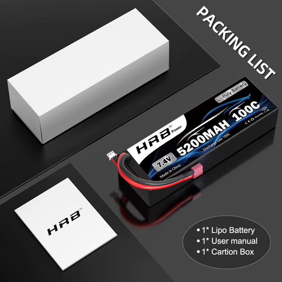HRB 2S 7,4 V LiPo Akku 5200 mAh 100C mit T Deans Stecker Hardcase für RC Auto und Lkw 1/10 1/12 Schwarz - Bild 4