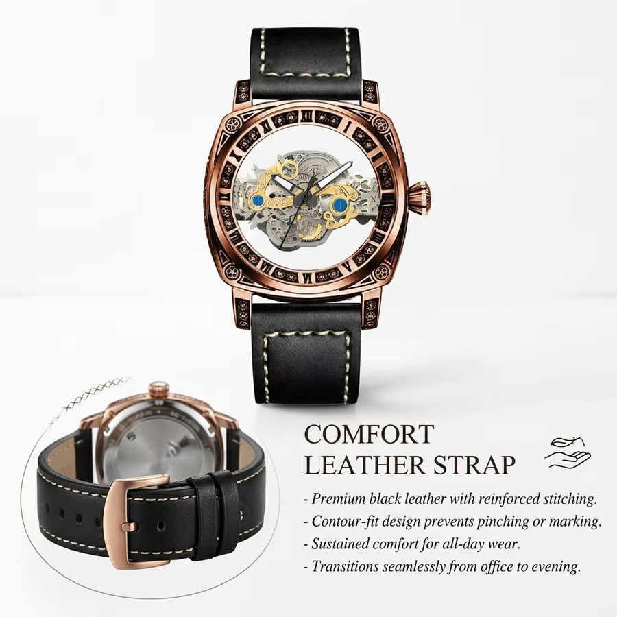 CAROTIF Skelett-Mechanikuhr, Handaufzug, Roségold, Leder, Unisex - Bild 3