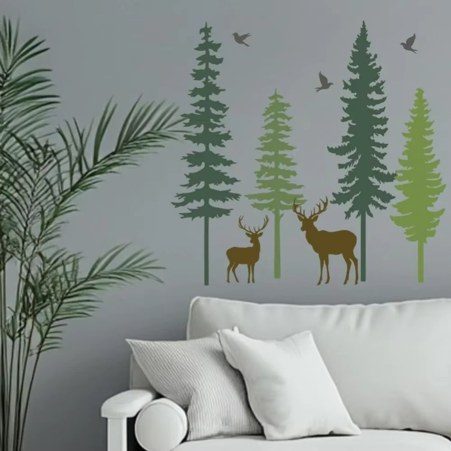 8 Stück wiederverwendbare Waldtier-Schablonen zum Malen mit Kiefernbaum, Hirsch und Vögeln, B/B/H: 30 x 30 cm - Bild 2