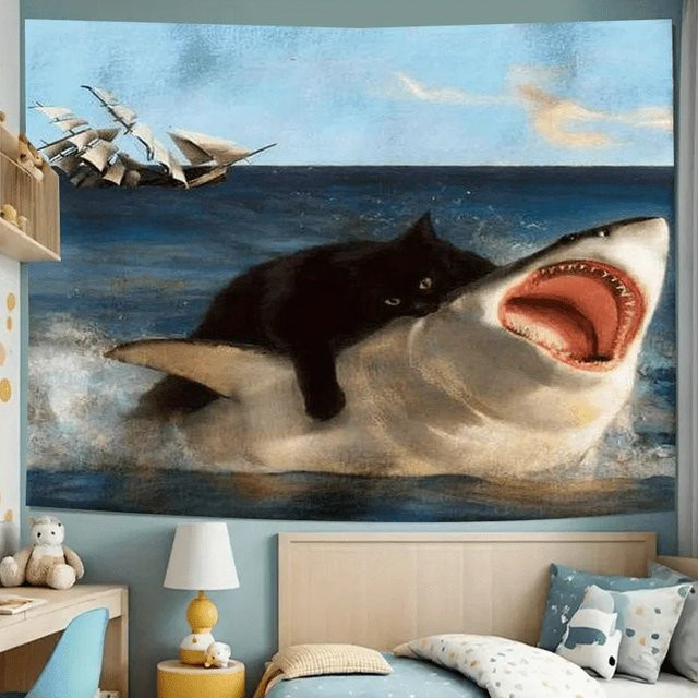 VIKAMA Wandteppich mit schwarzem Katzenhai-Muster in Schwarz und Multicolour, Wandbehang für dein Wohnzimmer oder Schlafzimmer, Breite: 100 cm, Höhe: 70 cm - Bild 1