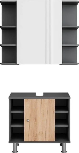 Vicco Badmöbel-Set Fynn in Anthrazit und Goldkraft Eiche, bestehend aus Waschtischunterschrank und Spiegelschrank, 2-teilig - Bild 1