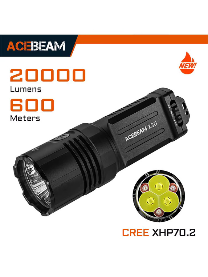 ACEBEAM Taktische Taschenlampe X30 in Schwarz mit CREE XHP70.2 LED, 20000 Lumen, USB-C-Ladeausgang und 600 Meter Reichweite - Bild 4