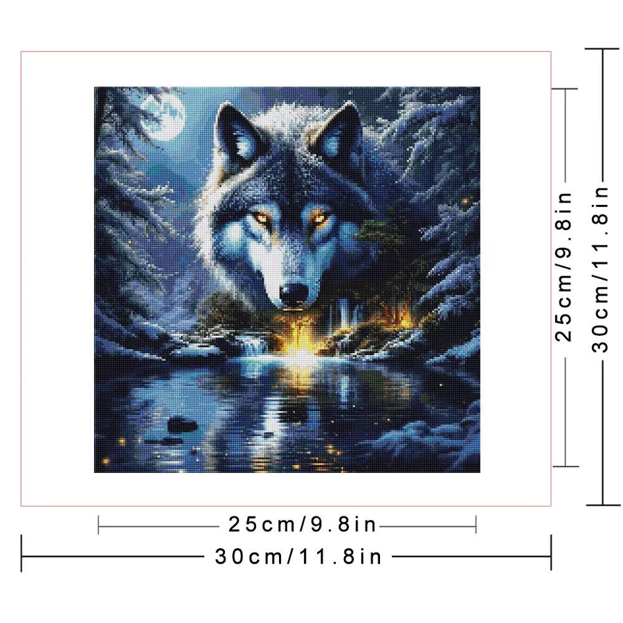 Huacan Diamant-Malerei Wolf in der Schnee-Landschaft als rundes Diamant-Mosaik zur Wanddekoration, Durchmesser: 30 cm - Bild 2