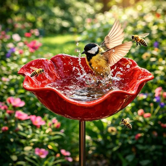 Talos home Garden Metall Gartenstecker Blume als Bestäuberfreundliche Bienen Tränke und Vogelbad in Rose Rot, 2 Stück - Bild 1