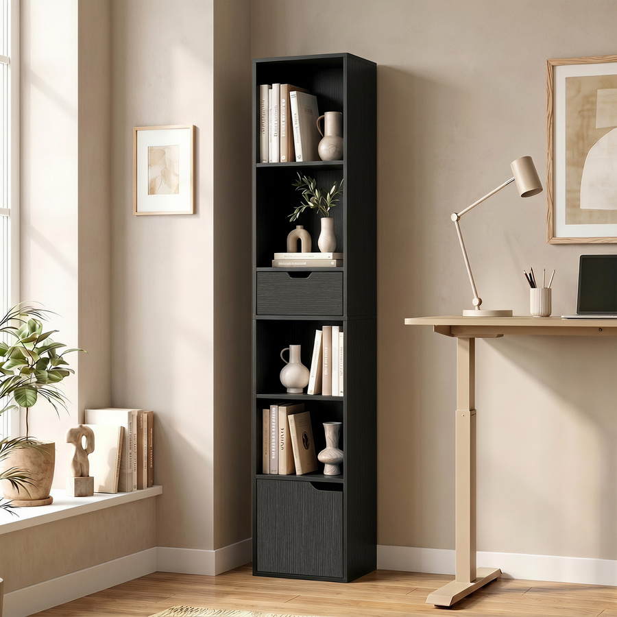 Aosom Bücherregal mit 6 Ebenen und Schublade in Schwarz, modernes Regal mit verstellbaren Fächern für Wohnzimmer, Büro und Schlafzimmer, H x B x T: 158 x 30 x 24 cm - Bild 2