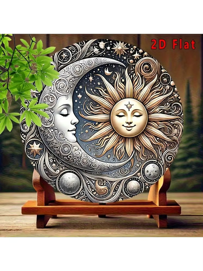 Potdemiel Vintage Celestial Sun & Moon Aluminium-Wandkunst, Rundes Metallschild mit Planeten-Design in Multicolour, Durchmesser: 20 cm - Bild 5