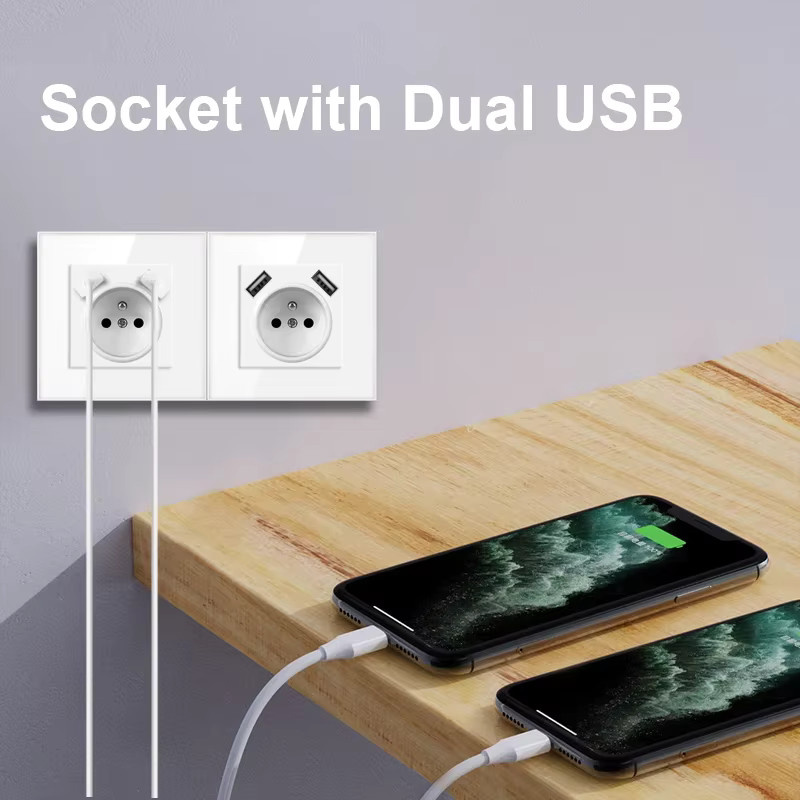 NYWP Touch-Schalter mit französischer Steckdose und USB-Anschluss, LED-Wandlichtschalter aus Glas in Weiß, 1/2/3 Gang Kombination - Bild 2