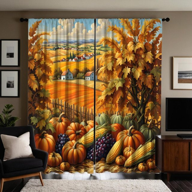 2er-Set Vorhang mit Erntedankfest-Motiv Ahornblatt und Kürbis in Grün und Orange, B: 132 cm, H: 160 cm - Bild 1
