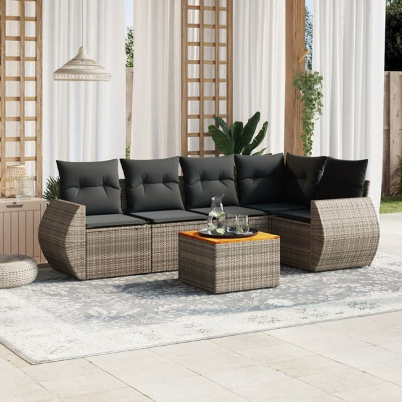 Vidaxl Gartenmöbel-Set aus Polyrattan und Akazie mit Kissen, 6-teilig, Grau - Bild 1