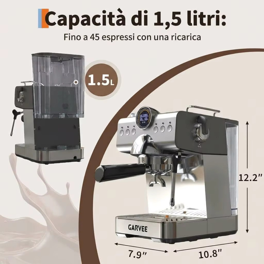 HiMISS Halbautomatische Italienische Kaffeemaschine in Silber mit 1450W, 20 Bar Druck, Milchaufschäumer, 1,5l Wassertank und LED-Display - Bild 3