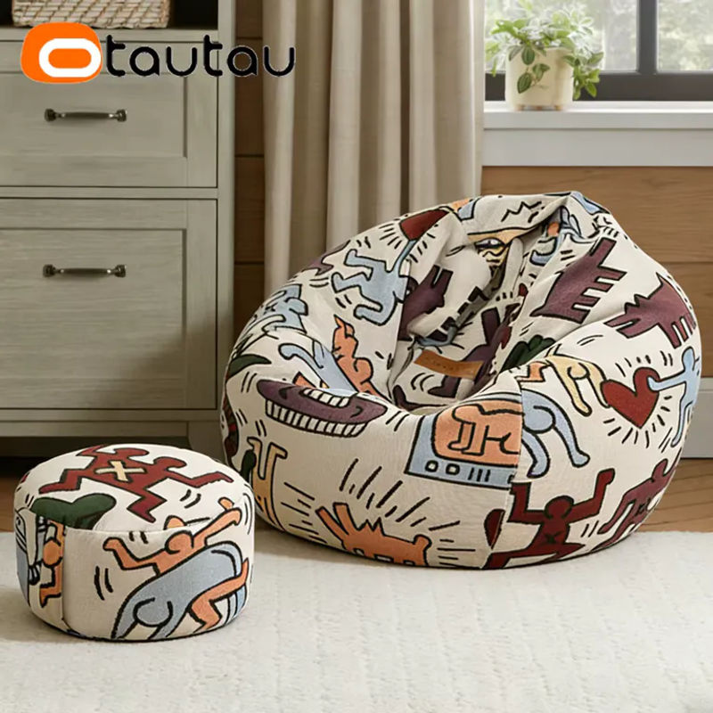 OTAUTAU Sitzsackbezug aus weichem Graffiti-Samt in Multicolour, runder Eckhocker Pouf im Boho-Stil, Durchmesser: 100 cm - Bild 6